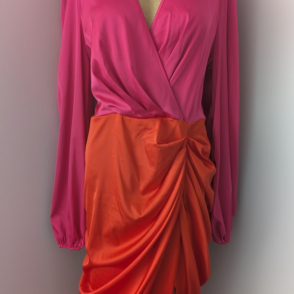 Long Sleeve Colorblock Draped Dress in Pink and Orange